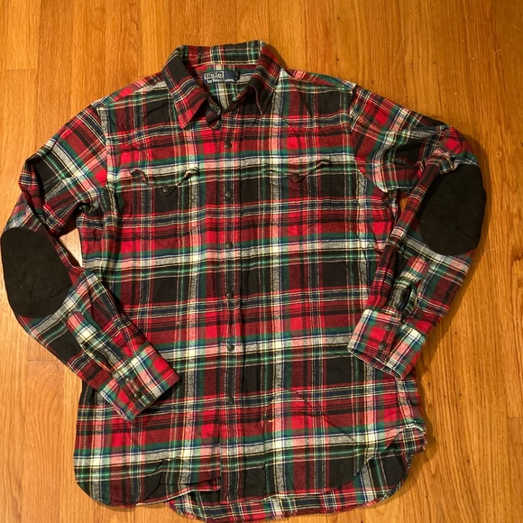 Polo Ralph Lauren Western Patch Suede Elbow Snap Plaid Flannel Shirt - Picture 2 of 11